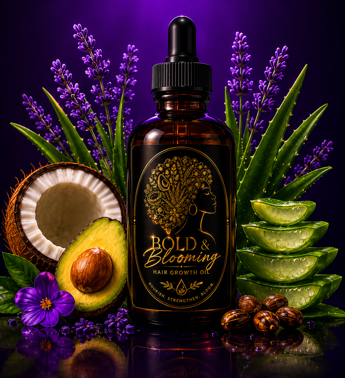 Bold & Blooming Hair Growth Oil with rosemary, avocado, aloe, coconut, lavender and moringa
